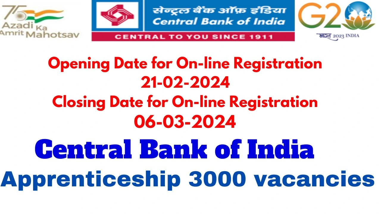 Central Bank of India Apprenticeship 3000 vacancies