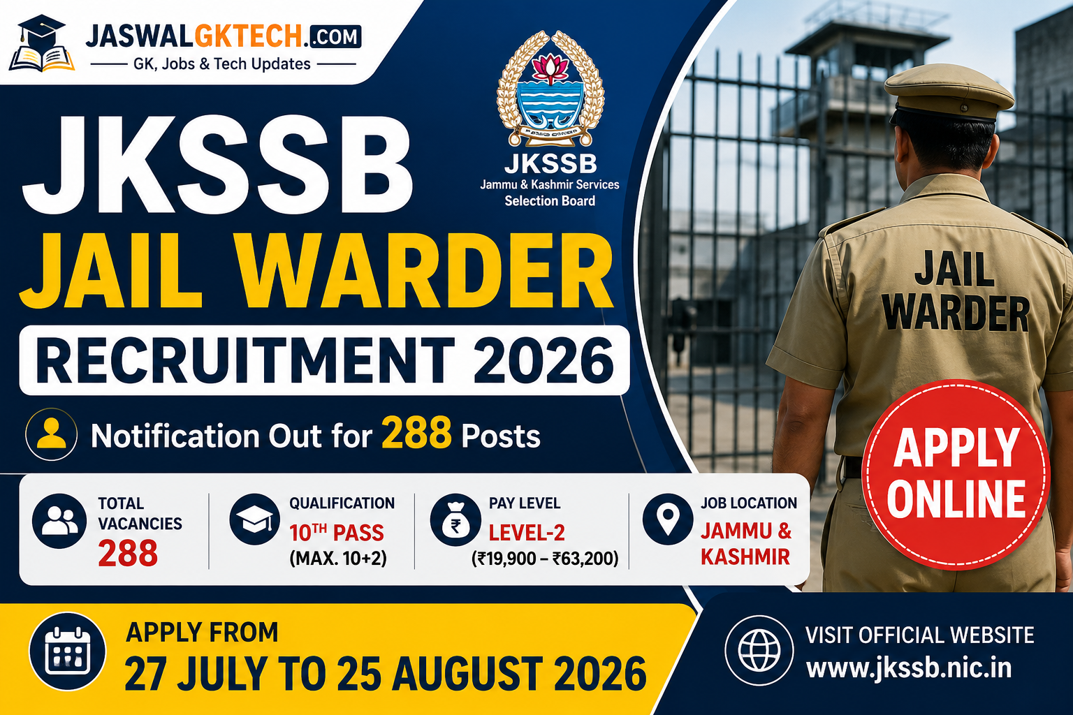 JKSSB Jail Warder  Recruitment 2026: APPLY FROM 27 JULY TO 25 AUGUST 2026